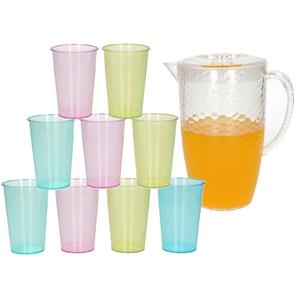 Secret de Gourmet Sapkan/schenkkan karaf met deksel 2 liter set met 12x kunststof drinkglazen 200 ml -