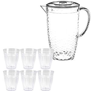 Secret de Gourmet Sapkan/schenkkan karaf met deksel 2 liter set met 12x kunststof drinkglazen 250 ml -