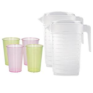 Forte Plastics 2x stuks water/limonade schenkkannen 2 liter met 12x kunststof glazen voordeelset -