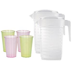 Forte Plastics 3x stuks water/limonade schenkkannen 2 liter met 24x kunststof glazen voordeelset -