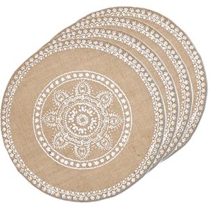 Zeller Placemats met mandala print - 10x - jute look stof - rond - D38 cm -