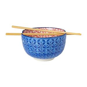 Xenos Schaaltje met eetstokjes - blauw/rood - ø14.7x9 cm