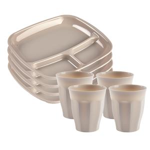 PlasticForte Servies van kunststof - 4x vakjesborden en 4x drinkbekers - beige -