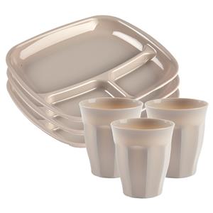 PlasticForte Servies van kunststof - 6x vakjesborden en 6x drinkbekers - beige -