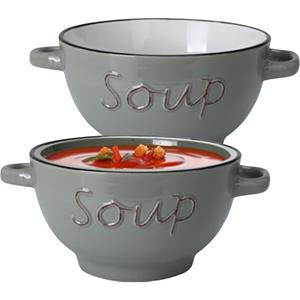 Excellent Houseware Soepkommen/serveer schaaltjes - 2x - Gres - porselein - D14 x H8 cm - lichtgrijs -