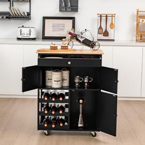 Costway Keukentrolley met Rubberen Houten Blad Lade 3 Rijen Wijnrekken 2 Kasten Rollend Opslag Trolley Kar 67 x 37 x 86 cm Zwart