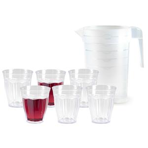 PlasticForte Sapkan/schenkkan karaf met deksel - 2 liter - met 6x drinkglazen 250 ml - kunststof - transparant -