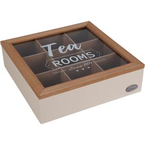Excellent Houseware Theedoos - 9-vaks - beige/bruin - hout - 24 x 24 x 7 cm - theekist - glazen deksel -