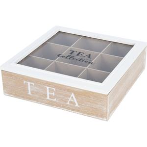Theedoos - 9-vaks - naturel/wit - hout - 24 x 24 x 7 cm - theekist - glazen deksel -