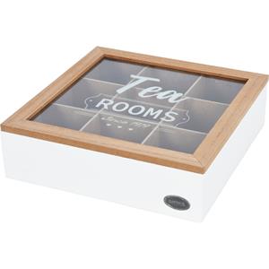 Excellent Houseware Theedoos - 9-vaks - wit/bruin - hout - 24 x 24 x 7 cm - theekist - glazen deksel -