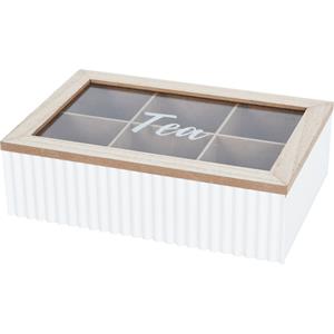 Excellent Houseware Theedoos - 6-vaks - wit/bruin - hout - 24 x 16 x 7 cm - theekist - glazen deksel -