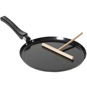 Zwarte pannenkoekenpan voor alle hittebronnen 24 cm met houten beslag verdeler -