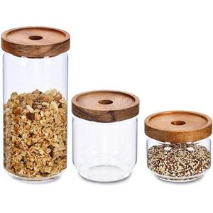 Zeller Present Glazen voorraadpot met acaciahout deksel (set, 3-delig)