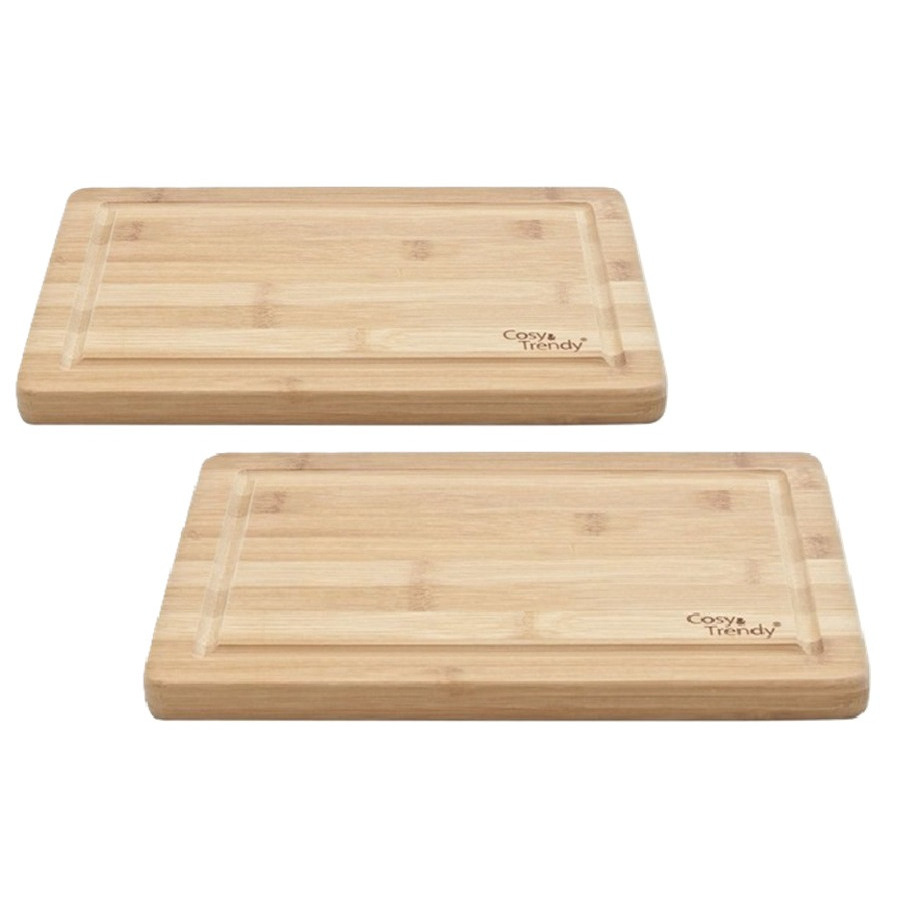 Merkloos Keuken groente/vlees snijplank rechthoek - 2x - bamboe hout - 29 x 19 x 1.8 cm - met lekgroef -