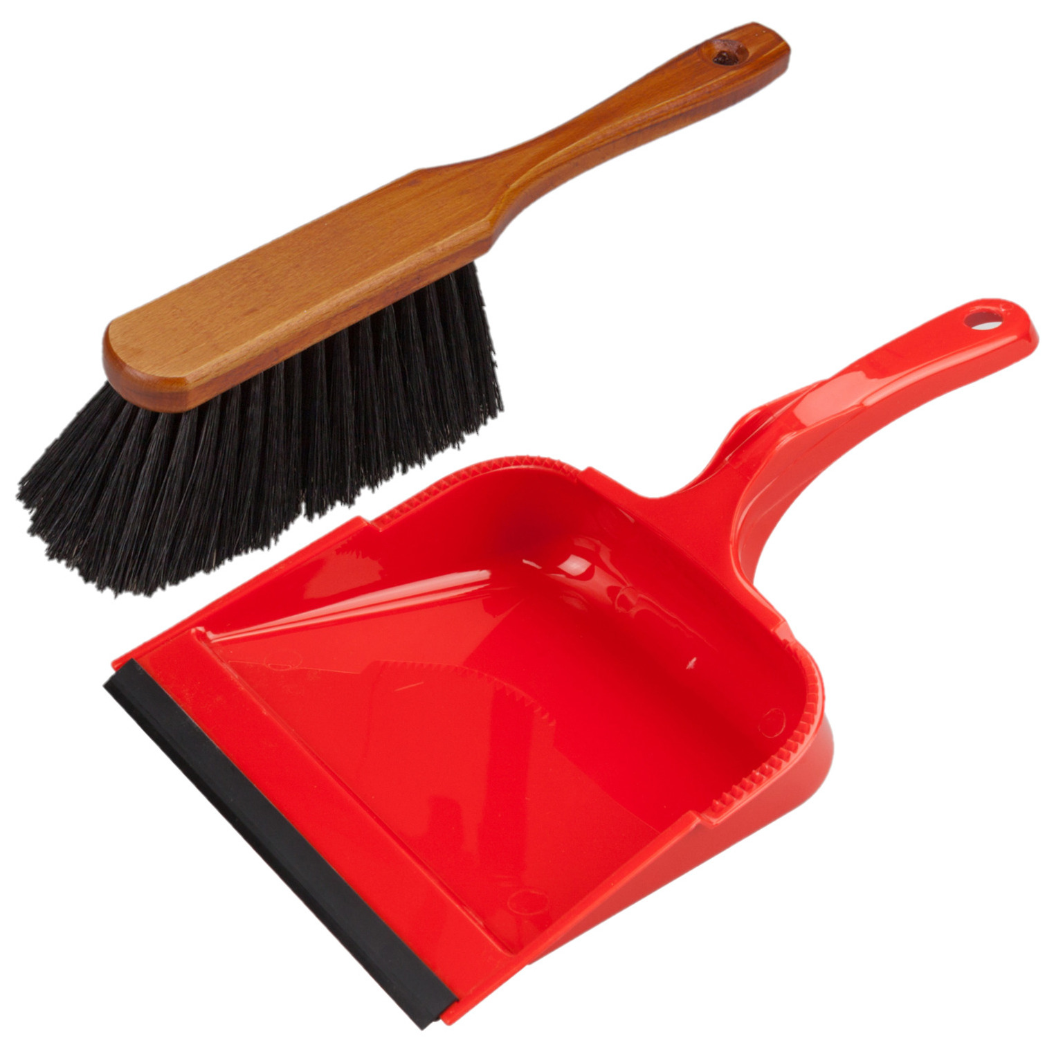 Buemag Stoffer en blik rood van kunststof/bruin gelakt hout met lip voor binnen -