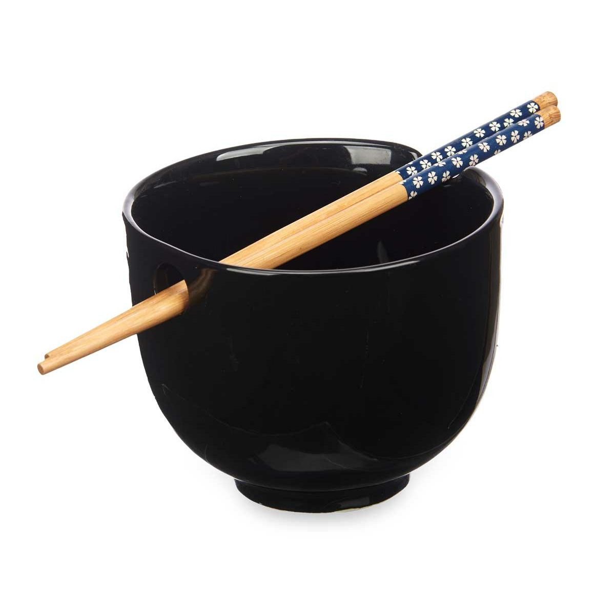 Kinvara Pokebowl/ramen/noedels servies set - kommetje en chopsticks - keramiek - zwart - sushi eet set -