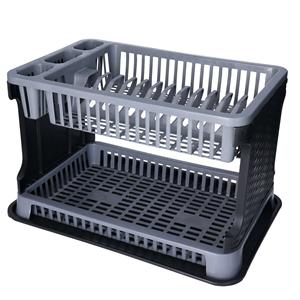 Merkloos Afwas afdruiprek 2-Laags - grijs/zwart rotan - 45 x 30 x 28 cm - Afwasrek - kunststof - afwassen en -