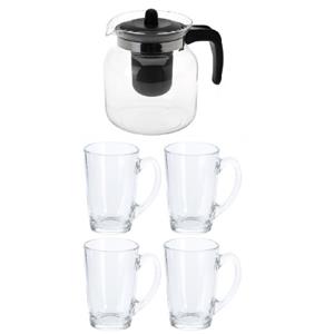 Merkloos Glazen theepot met 4 theeglazen -