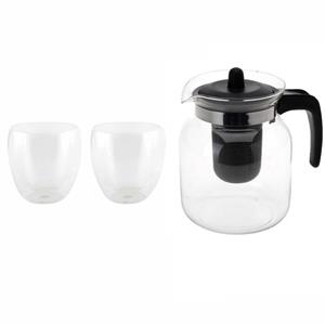 Merkloos Glazen theepot zwart met filter van 1,5 liter met 2x stuks dubbelwandige theeglazen van 200 ml -