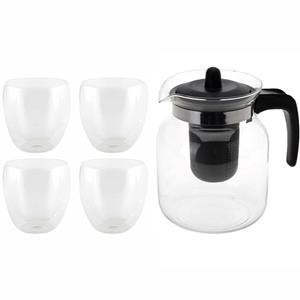 Merkloos Glazen theepot zwart met filter van 1,5 liter met 4x stuks dubbelwandige theeglazen van 200 ml -