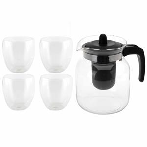 Merkloos Glazen theepot zwart met filter van 1,5 liter met 4x stuks dubbelwandige theeglazen van 200 ml -