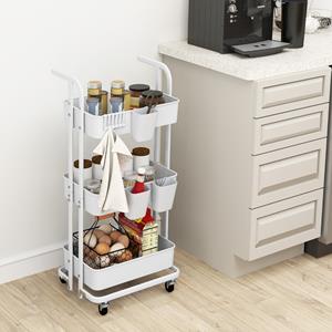 Costway Rollende Trolley met 3 Etages Opvouwbare Opslagtrolley 3 Hangende Kopjes 6 Haken Universele Vergrendelbare Metalen Wielen Wit