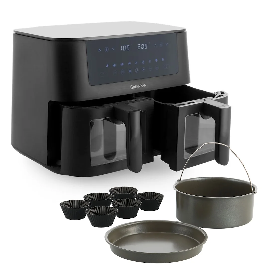 Greenpan Bistro AirFryer DUAL XL 2 Basket + Bakset 8-delig (8 Muffin + tang) 4L + 4L
