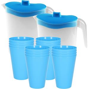 Hega Hogar 16x kunststof drinkbekers 430 ML met 2x stuks schenkkannen set blauw van 2.5 liter -