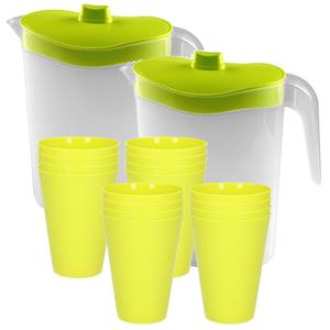 Hega Hogar 16x kunststof drinkbekers 430 ML met 2x stuks schenkkannen set groen van 2.5 liter -