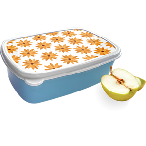 Merkloos Broodtrommel Blauw met Oranje Bloemen Design
