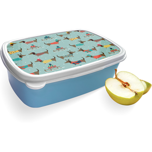 Merkloos Broodtrommel Blauw met Winterse Teckels Design