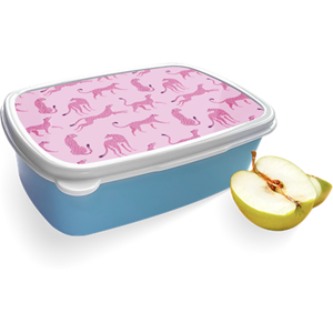 Merkloos Broodtrommel Blauw met Roze Cheeta's Design