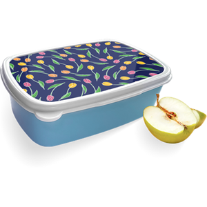 Merkloos Broodtrommel Blauw met Tulpen Design