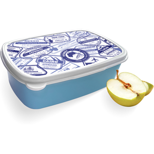 Merkloos Broodtrommel Blauw met Paspoort Stempels Design