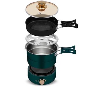 Factory Discount Outlet Elektrische split-kookpot Opvouwbare multicooker Koekenpan Hotpot Steamer Rijstkoker Soepmaker Waterkoker Reizen groen