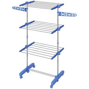 HOMCOM opvouwbaar wasrek, ruimtebesparend, 4 niveaus, eenvoudig One-Klick-systeem, 142 x 55 x 152 cm, blauw, zilver | Aosom.nl