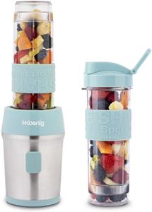 H.Koenig  Mini batidora portátil (570 ml), Color Azul pastel, 4 cuchillas de Acero Inoxidable, 2 Botellas con tapas de viaje incluidas