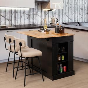Costway Keukeneiland met Uitbreidbaar Werkblad Keukenkast met Laden Zijplanken en 2 Niveaus Hout 120 x 91 x 92 cm (Zwart)