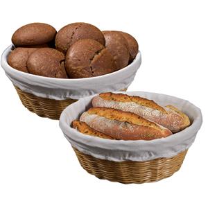 Kesper Broodmandje met stof - 2x - gevlochten kunststof - lichtbruin - rond - D25 x H9 cm -