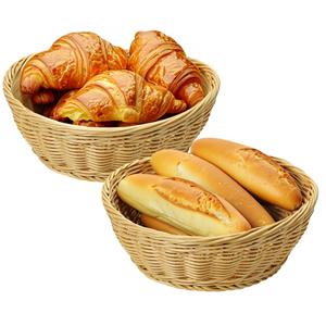 Kesper Brood/fruit mandje - 2x - gevlochten kunststof - lichtbruin - rond - D24 x H8 cm - broodmandjes -
