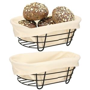 5five  Broodmand Bistro - 2x stuks - metaal/stof - zwart/creme wit - 28 x 18 x 11 cm -