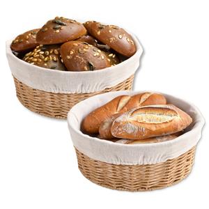 Kesper Broodmandje met stof - 2x - gevlochten kunststof - lichtbruin - rond - D25 x H10 cm -