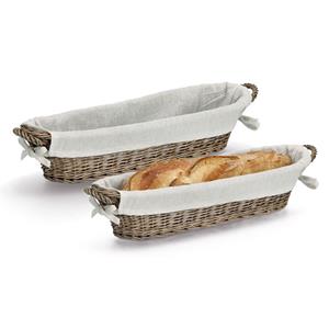 Zeller Broodmandje met stof - 2x - riet/canvas - bruin - langwerpig - stokbrood - landelijke stijl -