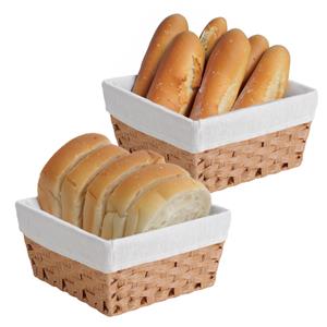 Kesper Broodmandje met stof - 2x - gevlochten kunststof - lichtbruin - vierkant - D28 x H14 cm -