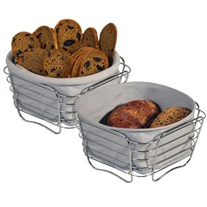Kesper Broodmandje met stof - 2x - metaal/peva - grijs - vierkant - D21 x H11 cm -