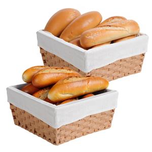 Kesper Broodmandje met stof - 2x - gevlochten kunststof - lichtbruin - vierkant - D35 x H16 cm -