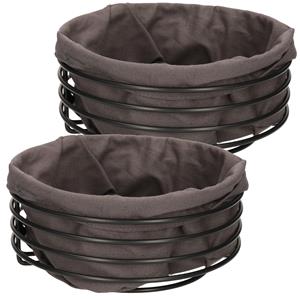 Merkloos Set van 2x stuks ronde broodmand/serveermand zwart metaal/grijs katoen 23 cm -