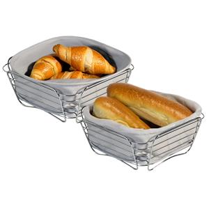 Kesper Broodmandje met stof - 2x - metaal/peva - grijs - vierkant - D26 x H11 cm -