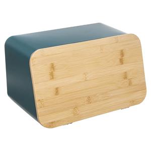 5five Broodtrommel met snijplank deksel - Petrol blauw - Metaal/bamboe - x 22 x 23 cm -