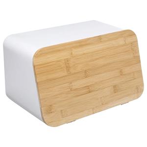5five Broodtrommel met snijplank deksel - Wit - Metaal/Bamboe - x 22 x 23 cm -